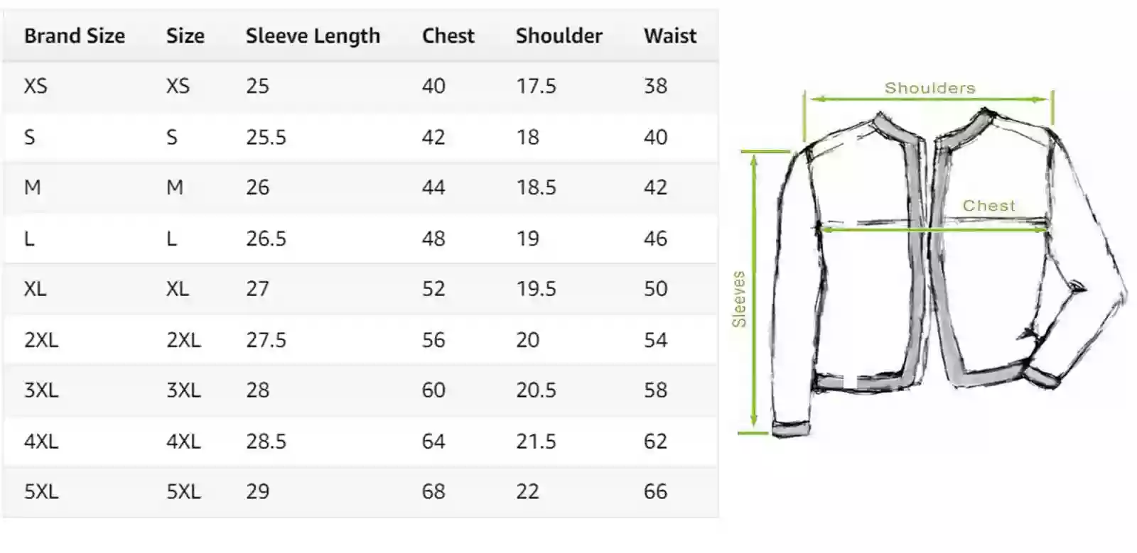 mens leather jacket size chart